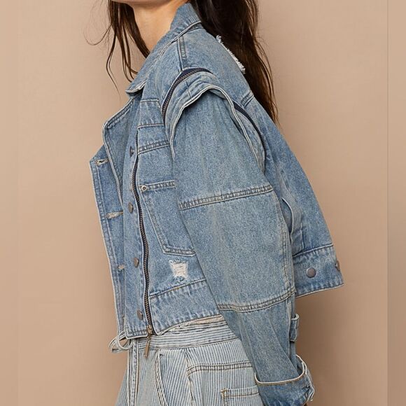 I'm Taken ⭐️POL Cropped Denim Zipper Accent Removable Sleeve Women's Jacket - Picture 3 of 7